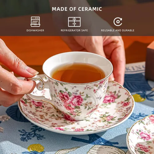 Miniatura 3 de Agyiuns tazas y platillos de cerámica para café, 6oz, taza de café para café, latte, café moca y té - Juego de 4 (Flores grandes - Juego de 4)