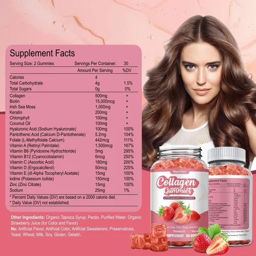 Miniatura 2 de Gomitas de colágeno con vitamina C, zinc y biotina, suplemento de belleza con sabor a fresa, suplemento de péptidos de colágeno hidrolizados