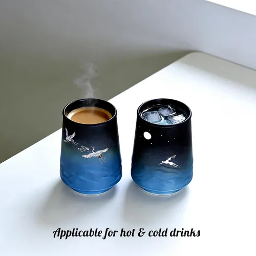 Miniatura 2 de Pottery Couple - Juego de 2 tazas de café – Esmalte mate azul degradado con diseño de grúa y ciervo, tazas de café hechas a mano para decoración