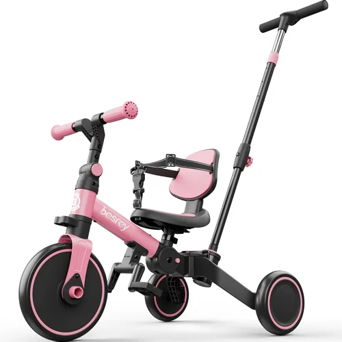 Miniatura 12 de besrey Bicicleta 5 en 1 para niños pequeños con mango de dirección para padres para niñas y niños de 1 a 3 años, triciclo plegable para niños, Azul