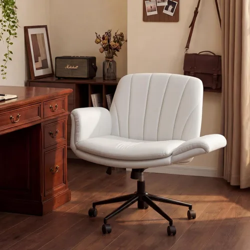 Miniatura 9 de Dowinx Silla Criss Cross con brazos ajustables de cinco niveles y ruedas - Cómoda silla giratoria de cuero sintético ergonómica para tocador - Silla