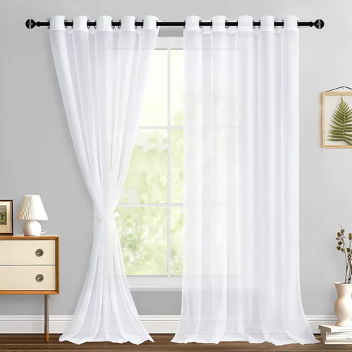 Miniatura 109 de Hiasan - Cortinas traslúcidas de gasa cortas semitransparentes con ojales y alzapaños filtrantes de luz para ventana, dormitorio, baño, 2 paneles