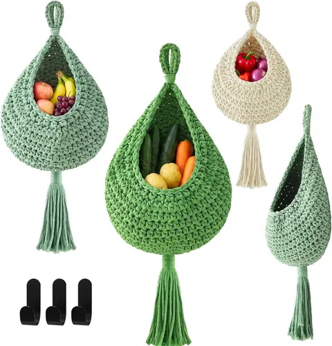 Miniatura 23 de Honeydak Cestas colgantes de pared bohemias para cocina, paquete de 3 cestas de lágrima con ganchos, almacenamiento de frutas, cebollas, verduras