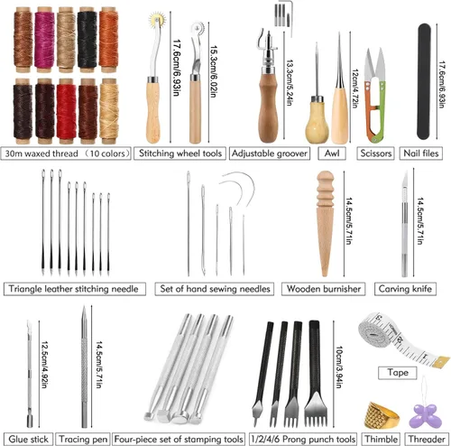 Miniatura 2 de Kit de trabajo de cuero de 60 piezas, kit de costura de cuero, herramientas de artesanía de cuero con bolsa de almacenamiento, herramientas
