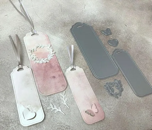 Juego de 2 piezas de marcos de etiquetas de metal, plantillas de marcapáginas de hojas de mariposa, tarjetas de manualidades, troqueles de corte