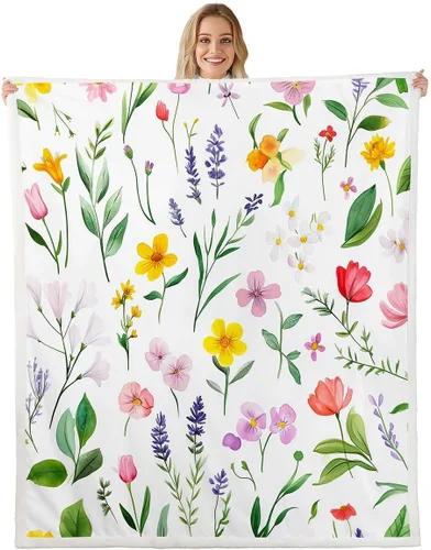 Miniatura 9 de Manfei Blue Flower Throw Blanket Watercolor Floral Print Fleece Blanket Botanical Wildflower Cozy Throws for Bed Couch Sofa,Kids Boys Girls Room