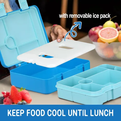 Miniatura 2 de Fiambrera Bento para niños con paquete de hielo, caja Bento a prueba de fugas de 5 compartimentos con utensilios, capacidad de 5.5 tazas
