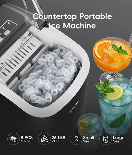Miniatura 2 de ecozy Máquina de hielo portátil, 8 cubos en 6 minutos, 26 libras/día, máquina para hacer hielo con 2 tamaños de hielo, máquina de hielo