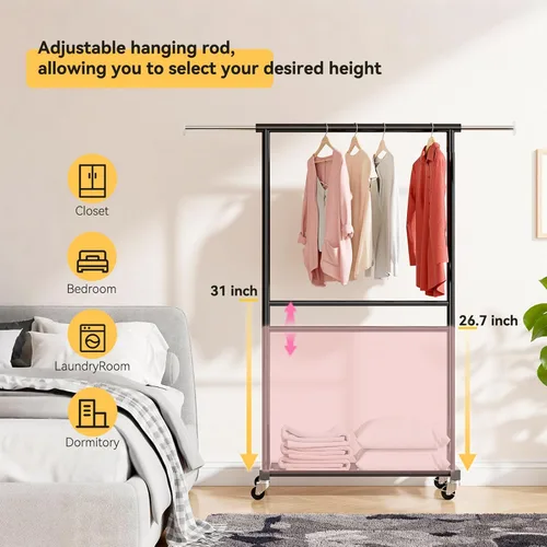 Miniatura 5 de Perchero de ropa estándar, 50 pulgadas de largo, con estantes de malla sobre ruedas, estante de armario portátil ajustable para dormitorio, cuarto