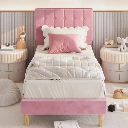 LIKIMIO Base de cama tamaño individual, plataforma tapizada de terciopelo con cabecero y listones de madera fuertes, no necesita somier, sin ruido,