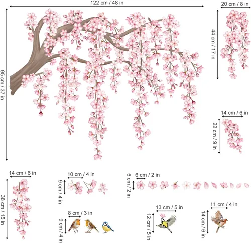 Miniatura 4 de decalmile Calcomanías de Pared Grandes de Rama de Árbol de Flores Rosadas Cerezo en Flor Árbol Floral Pájaros Pegatinas de Pared Sala de Estar
