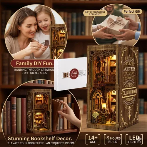 Miniatura 9 de Kit de rincón de libros para adultos, rompecabezas de madera 3D, kit de casa en miniatura de la biblioteca antigua con luz LED y cubierta antipolvo
