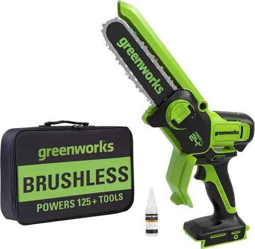 Miniatura 16 de Greenworks Mini motosierra sin escobillas de 24 V y 4 pies (engrasador automático, tensión sin herramientas, ultraligera), batería y cargador