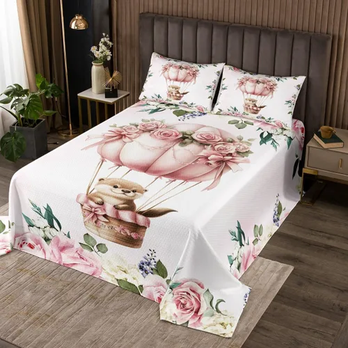 Miniatura 5 de Manfei Lindo pingüino para niños, tamaño individual, juego de colcha de princesa con lazo rosa con globo aerostático, decoración de habitación