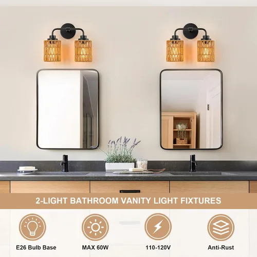Miniatura 2 de Lámparas de baño bohemias, luces rústicas de tocador de 2 luces sobre el espejo, iluminación de ratán de granja con persianas tejidas a mano