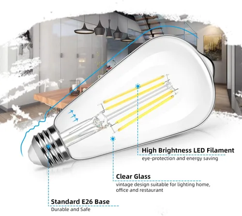 Miniatura 3 de Paquete de 4 bombillas LED Edison vintage ST64 de 8 W, equivalente a 100 W, 1400 lúmenes, luz blanca diurna de 5000 K, bombillas de filamento LED