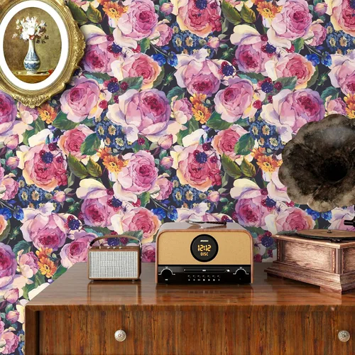 Miniatura 8 de VaryPaper Papel tapiz vintage floral oscuro de 17.7 x 78.7 pulgadas, diseño de peonía de acuarela, papel tapiz de flores para despegar y pegar