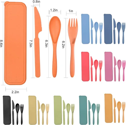 Miniatura 7 de Juego de utensilios de viaje reutilizables con estuche, 4 juegos de paja de trigo portátil de plástico, tenedor, cucharas, cuchillo, cubiertos