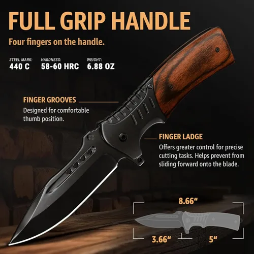 Miniatura 3 de Cuchillo de bolsillo para hombres con mango de madera, rompedor de vidrio y clip de bolsillo, hoja afilada de 3.66 pulgadas, cuchillos plegables 1.
