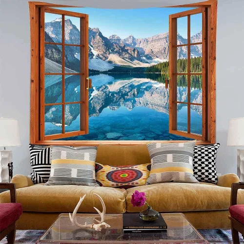 Miniatura 6 de Aidatain Tapiz de ventana de montaña, lago, bosque, escena, paisaje natural, para colgar en la pared, tapices grandes de franela de 84 x 90