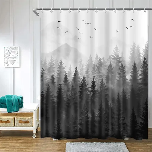 Cortina de ducha de bosque natural, diseño de pino, paisaje de árbol de pino negro, cortina de bañera decoración de baño, tela de poliéster