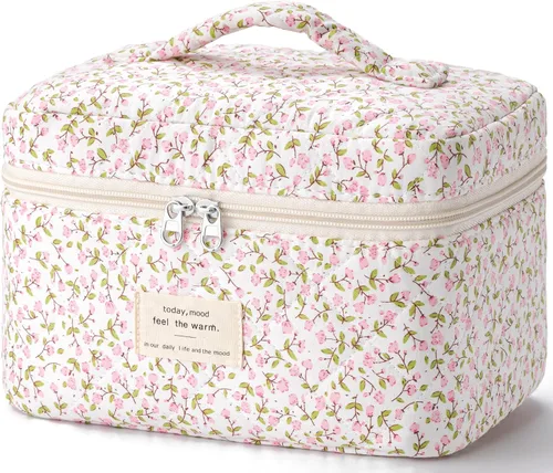 Miniatura 26 de HBselect Bolsa de Maquillaje Acolchada, Bolsa de Maquillaje Grande de Algodón para Viaje, Lindas Bolsas de Maquillaje con Flores Coquette, Bolsas