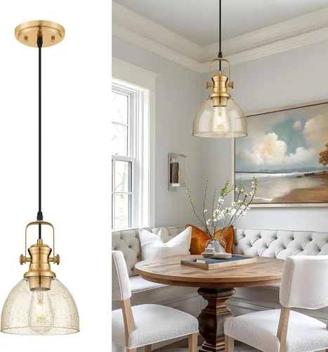 Luces Colgantes para Isla de Cocina, Lámpara Colgante de Granja de 19 cm con Pantalla de Vidrio Semillado Ámbar, Accesorios de Luz Colgante Vintage