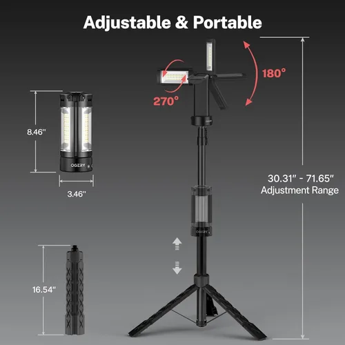 Miniatura 8 de OGERY Luz de camping recargable de 10000mAh con soporte 2 m de altura máxima, luz de trabajo inalámbrica con 3 cabezales de lámpara LED, 2200