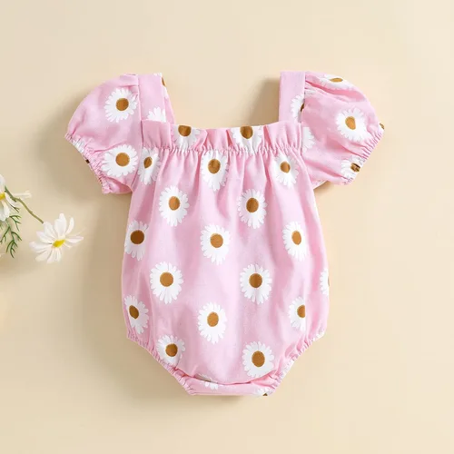 Miniatura 5 de Enterizo de verano de algodón para bebé recién nacida con estampado floral cuello cuadrado manga corta