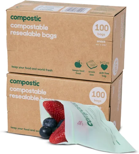Miniatura 14 de Compostic Bolsas compostables para aperitivos, tamaño de aperitivo (60 unidades), paquete de iniciación – Sellado resellable, a base de plantas