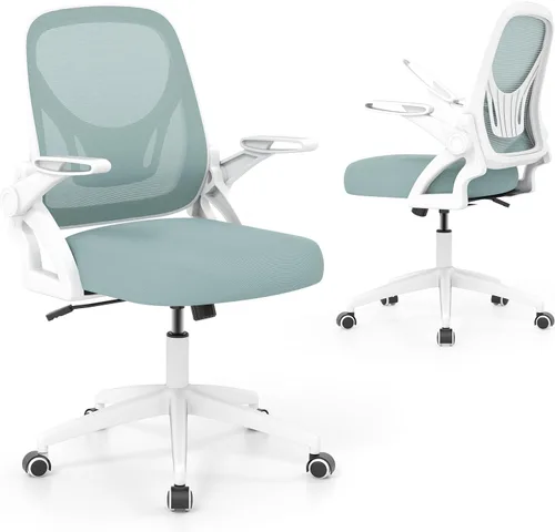 COSTWAY Silla de oficina, cómoda silla giratoria de escritorio con altura ajustable y reposabrazos abatibles, sillas ergonómicas de malla para Azul