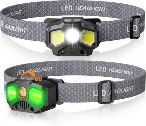 Miniatura 7 de HOKOILN Linterna frontal recargable de 1400 lúmenes, lámpara LED roja verde blanca para caza y pesca, faro con sensor de movimiento con 14 modos