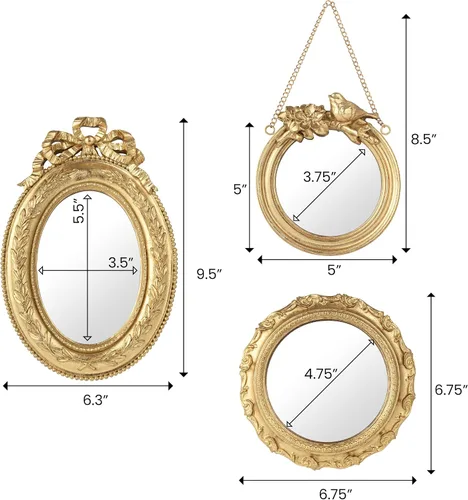 Miniatura 4 de AELS Paquete de 3 pequeños espejos dorados antiguos para decoración de pared, espejo para colgar en la pared, decoración del hogar de lujo, espejo