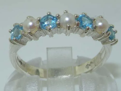Miniatura 3 de Anillo de eternidad de plata de ley 925 con perla cultivada y topacio azul para mujer