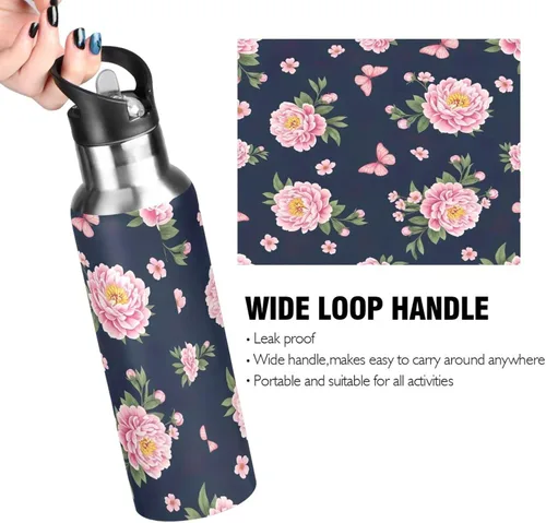 Miniatura 4 de Pink Peonies Botella de agua aislada de 20 onzas, botella de agua deportiva sin BPA con popote a prueba de fugas