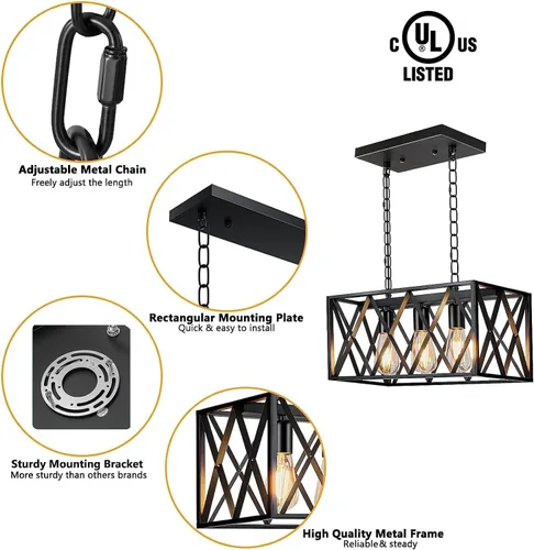 Miniatura 5 de Pynsseu - Iluminación colgante para isla de cocina industrial, rectangular, estilo vintage rústico, lámpara colgante de 3 luces, para cocinas