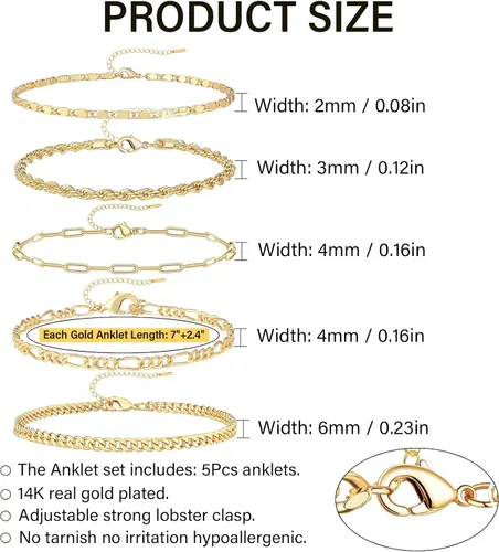 Miniatura 2 de KesaPlan Pulsera de moda para mujer, chapado en oro real de 14 quilates, delicado eslabón cubano con clip de cuerda, paquete de pulseras para niñas