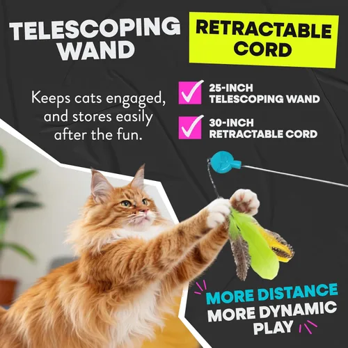 Miniatura 3 de Jackson Galaxy Gotcha! Juguete de varita para gatos, juguete retráctil para juegos atractivos, varita telescópica con plumas naturales para gatos