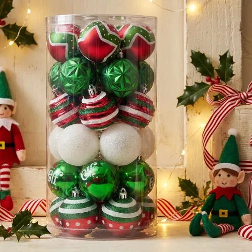 Valery Madelyn Juego de adornos de Navidad, 30 unidades, color rojo, verde y blanco, irrompibles, adornos decorativos para colgar de 2.36 pulgadas,