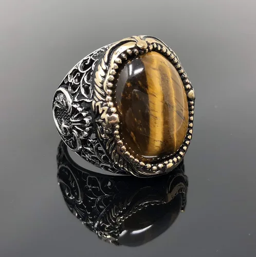 Miniatura 2 de KAR Anillo de ojo de tigre natural de plata esterlina estampada 925K I1B Piedra Ojo de tigre
