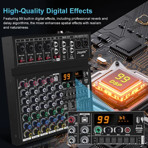 Miniatura 2 de Mezclador DJ de 6 canales, mezclador de audio profesional, metal, efectos preestablecidos DSP 99, tablero de sonido Bluetooth, alimentación fantasma