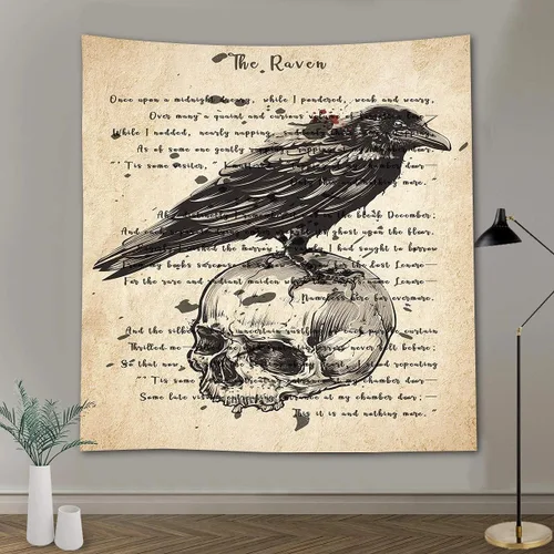 FEASRT Tapiz gótico de calavera y cuervo, tapiz de pared The Raven Edgar Allan Poe, póster rústico de 51 x 60 pulgadas para sala de estar,