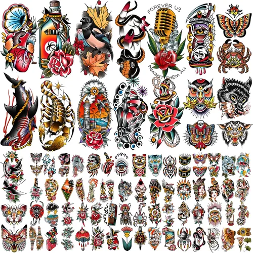 Miniatura 8 de 77 hojas de tatuajes temporales, tatuajes falsos realistas de medio brazo de león, lobo, búho, alce, serpiente, mariposa, rosa para niñas y niños