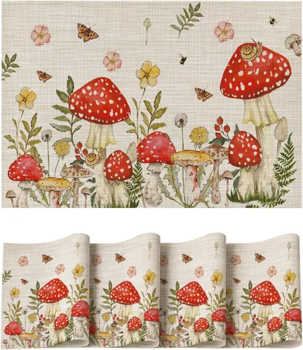 Artoid Mode Juego de 4 manteles individuales beige con diseño de hongos y polilla y flores, 12 x 18 pulgadas, tejido de plástico, lavable,