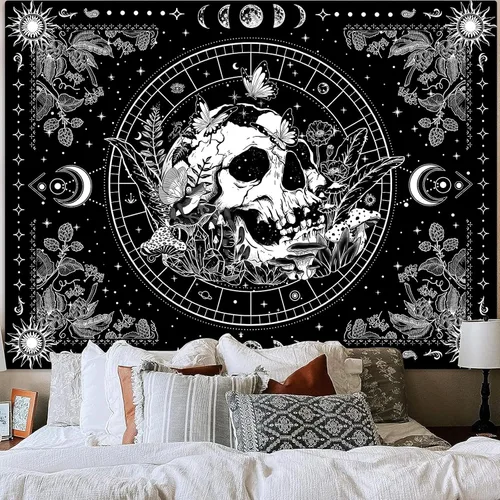 Miniatura 4 de Aipon Tapiz de esqueleto en blanco y negro para dormitorio, tapiz de calavera, setas, tapices hippie, plantas naturales, flores florales, tapiz