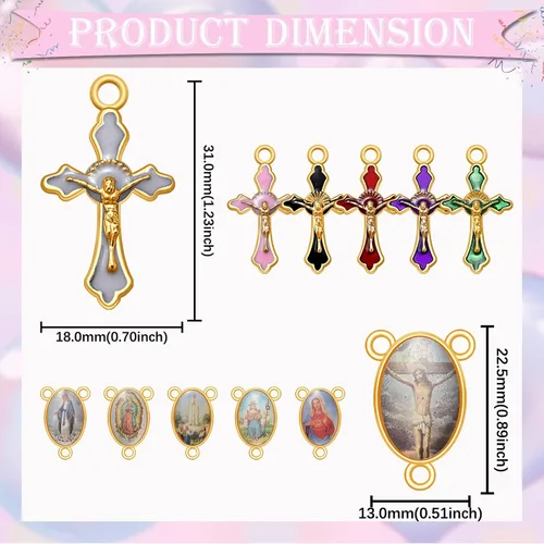 Miniatura 2 de 60 piezas/30 juegos de suministros para kits de fabricación de rosario, religion, cruz y medalla central, dijes de aleación, imagen de Jesús, Dorado