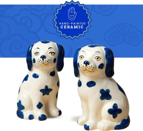Miniatura 3 de Staffordshire Dogs Chinoiserie Decor - Juego de salero y pimentero decorativo azul, cerámica pintada a mano