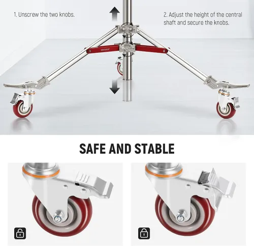 Miniatura 8 de NEEWER Soporte de Luz de Acero Inoxidable Resistente con Ruedas, Receptor Junior de 1-1/8", Espiga Baby con Resorte de 5/8", Carga Máxima 77lb
