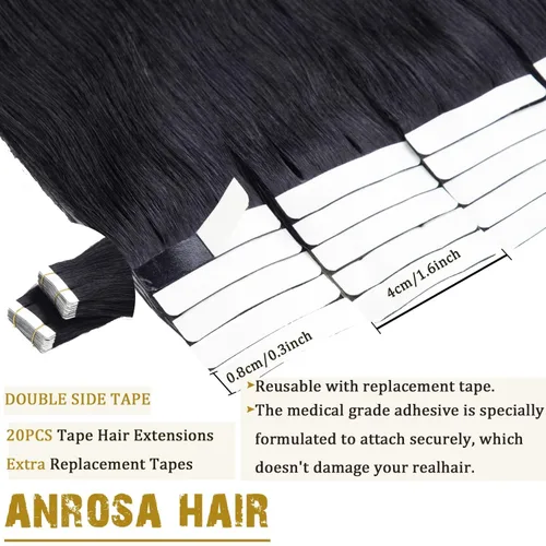 Miniatura 3 de Anrosa Extensiones de cabello humano real de 20 pulgadas, extensiones de cabello humano lacio de doble cara, color negro azabache, 1.76 oz, 20