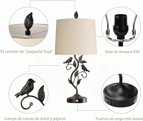 Miniatura 7 de Lámparas de Mesa Táctiles Estilo Granja de 27" para Sala de Estar con Regulación de 3 Niveles, 2 Puertos USB, Lámpara de Mesita de Noche Vintage